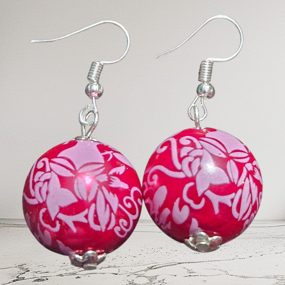 ⭐Handmade Red Lace Bubblegum Earrings, Womens Dangle Jewelry, Large Beaded